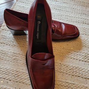 Etienne Aigner burgundy two inch  heel, womens loafer shoe.